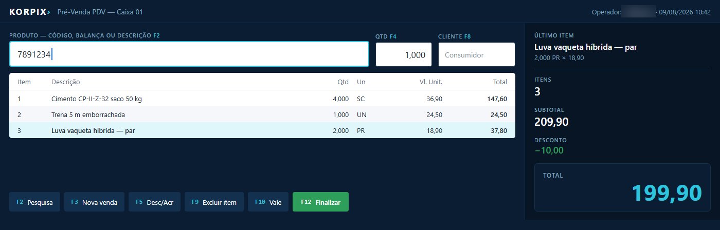 Novo PDV do Korpix em tela cheia com atalhos de teclado visíveis, leitor e finalização rápida